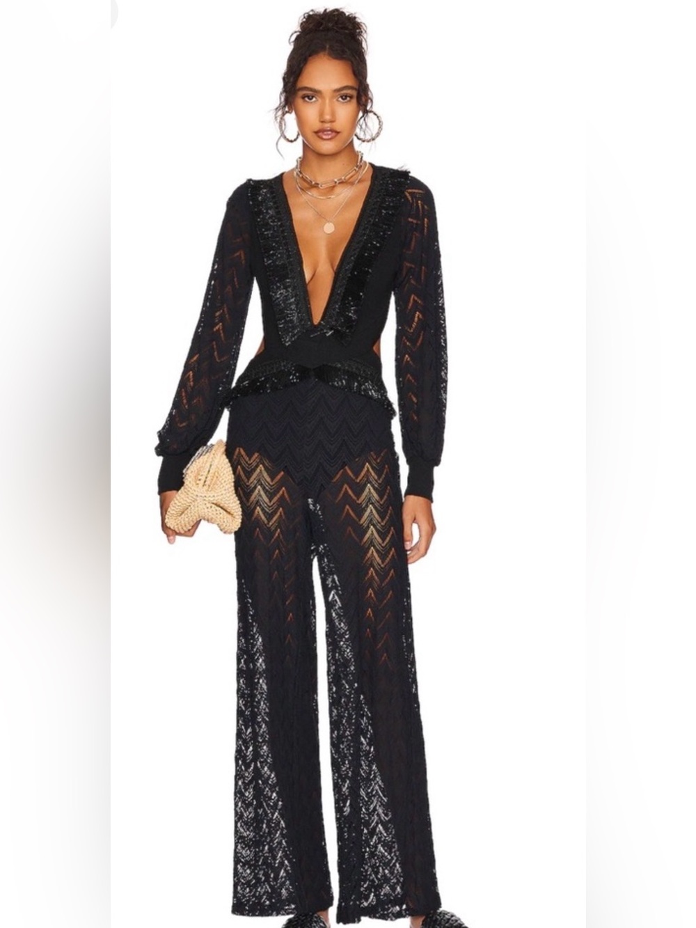 PatBO Black Sheer Wide Leg Jumpsuit with Deep V
